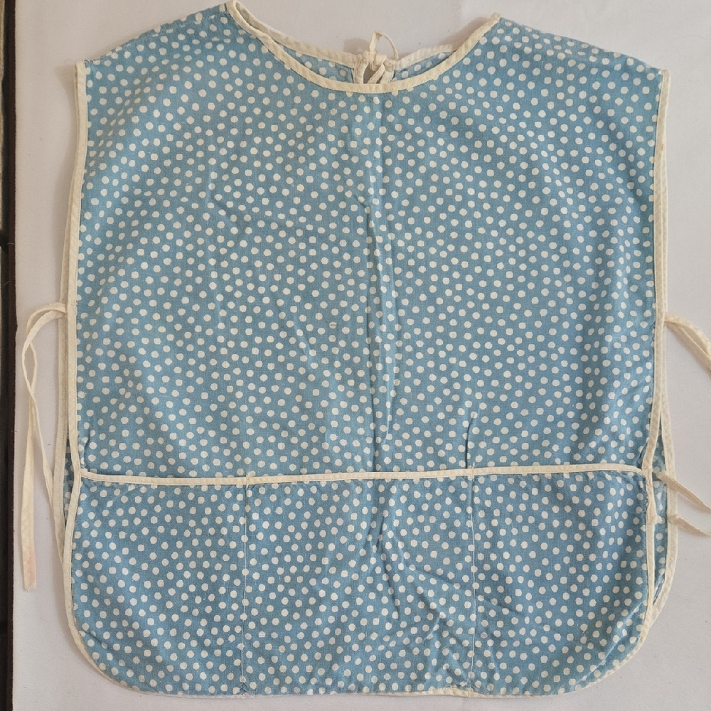 Vintage Baby Bib or Smock in a Blue with White dot Pattern~ Pockets, Ties